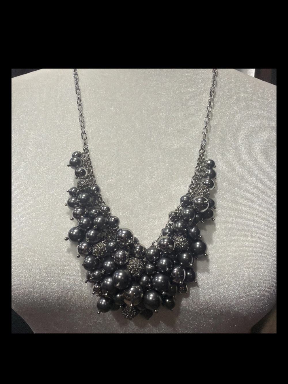Talbots Gunmetal Statement Bib Necklace - gray beads rhinestone clusters
